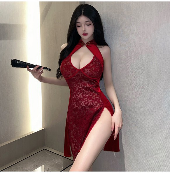 FEE ET MOI - Vintage Velvet Lace Slit Cheongsam (Burgundy)